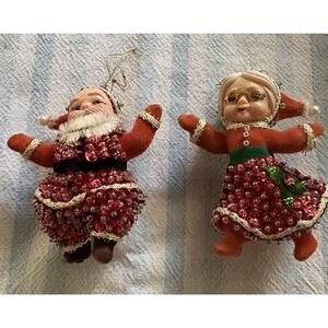 Vintage Flocked Mid Century Beaded Sequenced Pins Santa & Mrs Claus Ornaments